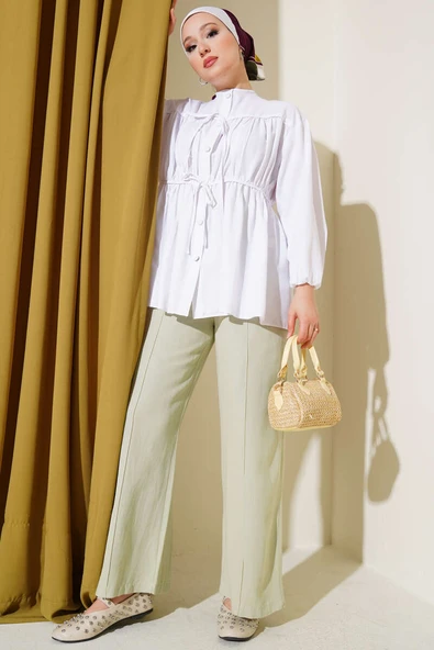 Fiyonklu Büzgülü Gömlek Beyaz - Resim 2