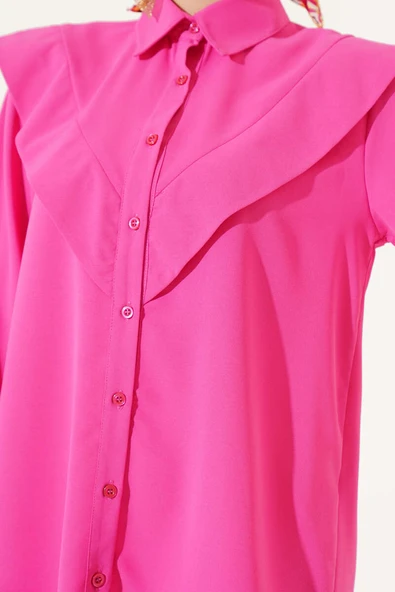 V Detaylı Gömlek Fuşya - Resim 4