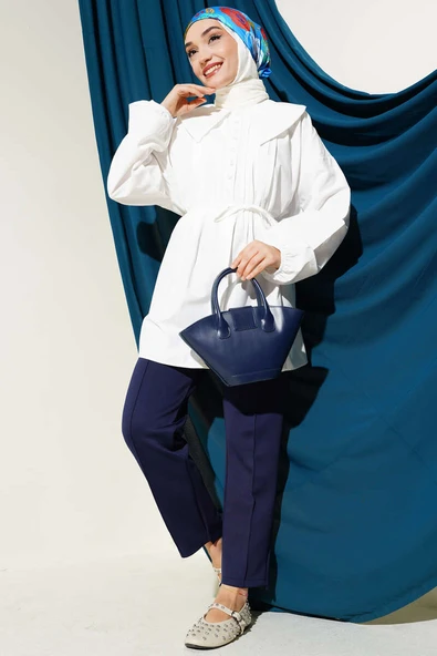 Yarım Düğmeli Nervürlü Tunik Beyaz - Resim 2