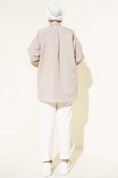 Salaş İnce Çizgili Gömlek Latte - Resim 3