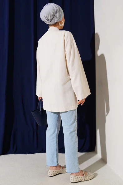 İnce Bağcıklı Önden Bağlamalı Kimono Bej - Resim 3