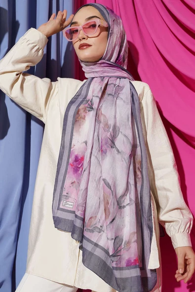 Flower Desen Bambu Kraş Şal Füme - Resim 2