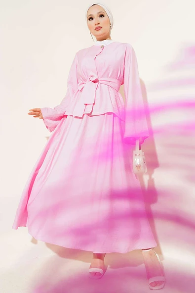 Belden Bağlamalı Etekli İkili Takım Pembe ürün görseli 1