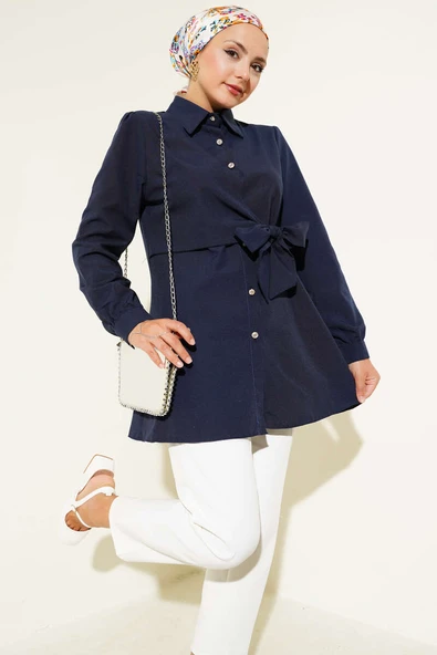 Düğmeli Yandan Bağlamalı Gömlek Lacivert ürün görseli 1