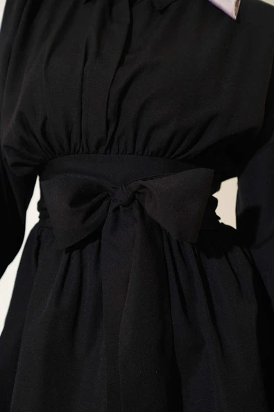 Kendinden Kuşaklı Önü Büzgülü Tunik Siyah - Resim 4
