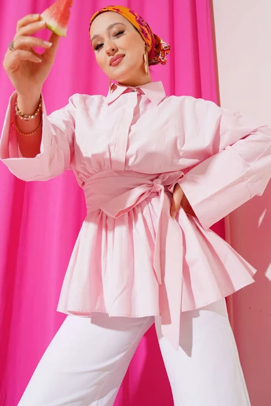 Kuşak Büzgülü Yarım Düğmeli Tunik Pembe ürün görseli