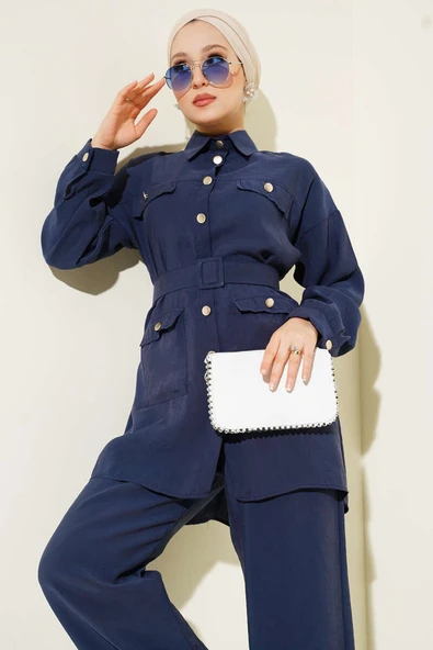 Metal Düğmeli Kemerli İkili Takım Lacivert - Resim 2