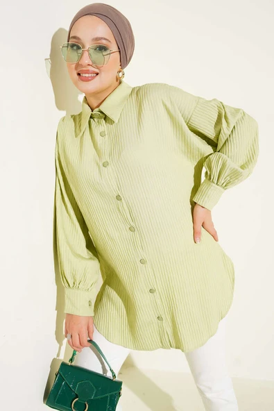 Kabartma Çizgili Bilek İpli Gömlek Su Yeşili ürün görseli 1