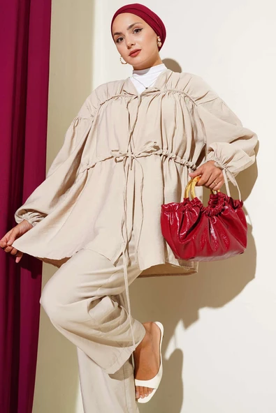 Önü Ve Kolu Bağcıklı İkili Takım Bej - Resim 2