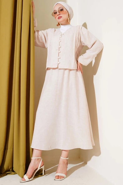 Brit Düğmeli Önü Pileli Etekli Takım Bej - 2