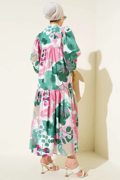 Önü İp Bağcıklı Desenli Elbise Yeşil - Resim 3