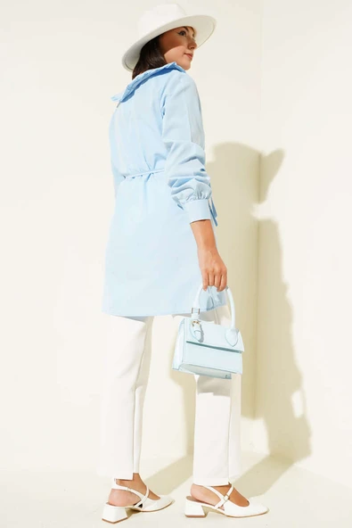 Yaka Fırfırlı Fiyonklu Tunik Buz Mavisi - Resim 3