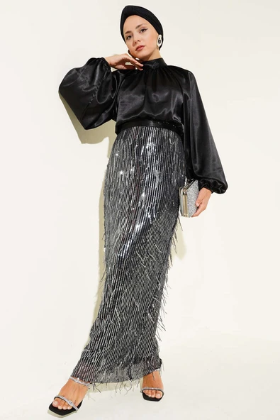 Kuşaklı Pul Payetli Abiye Elbise Siyah Gümüş ürün görseli 1