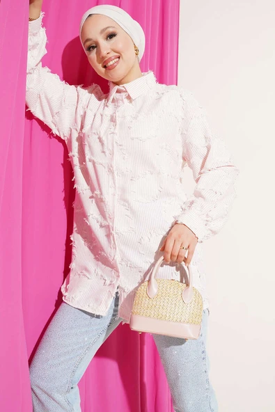 Çizgili Püsküllü Gömlek Pembe ürün görseli 1