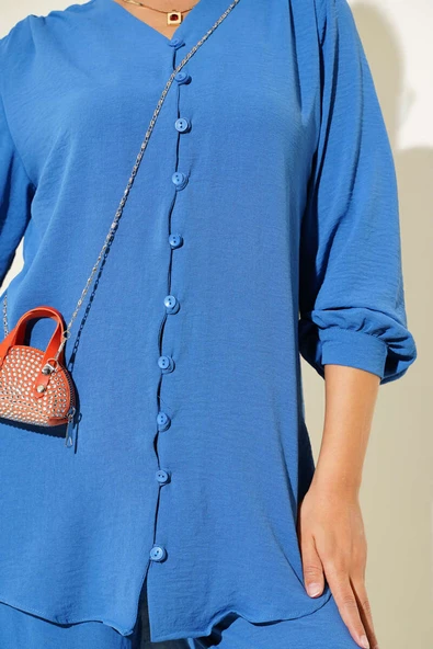 V Yaka Brit Düğmeli Ayrobin İkili Takım Indıgo - Resim 4