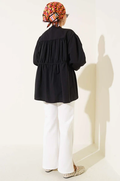 Fiyonklu Büzgülü Gömlek Siyah - Resim 3