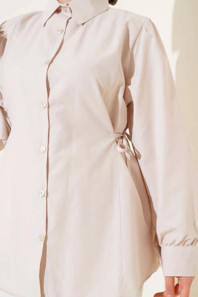 Yanları İp Bağcıklı Basic Gömlek Bej - Resim 4