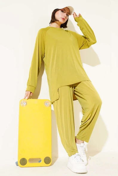 Asimetrik Kesim Sandy Tunik İkili Takım Yağ Yeşili - Resim 2