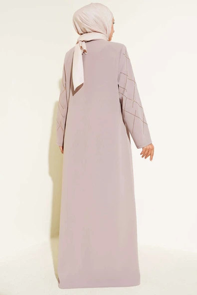 Baklava Desen Taşlı Fermuarlı Ferace Bej - Resim 3