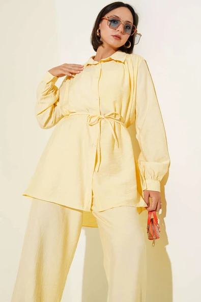 Gömlek Yaka Bel İp Kuşaklı İkili Takım Tereyağ Sarısı - 2