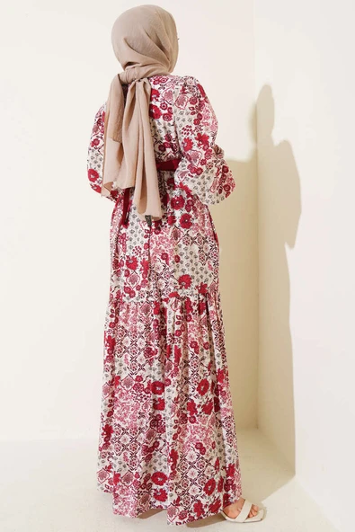 Mini Çiçek Desenli Elbise Bordo - Resim 3