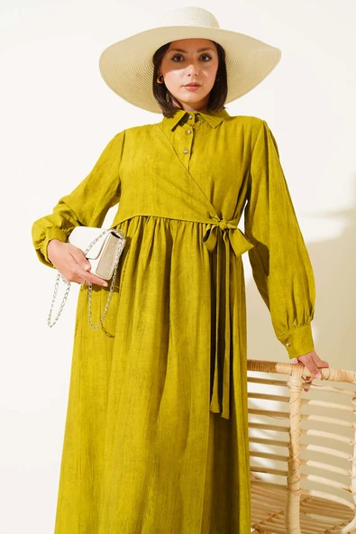 Gömlek Yaka Yandan Bağlamalı Elbise Yağ Yeşili - Resim 2