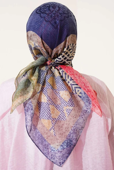 Çiçekli Karışık Desenli Eşarp Gül Kurusu - Resim 3