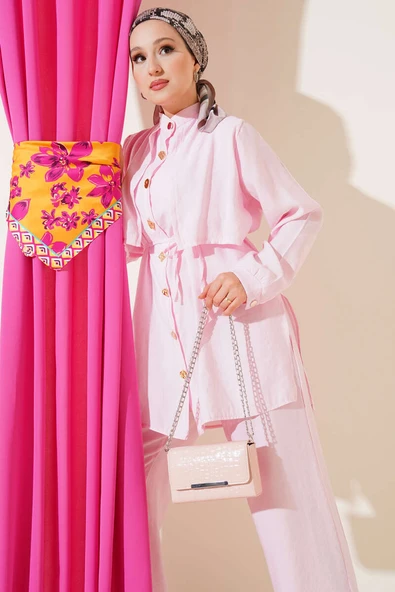 Gold Düğmeli Bolerolu Tencel İkili Takım Pembe - Resim 2