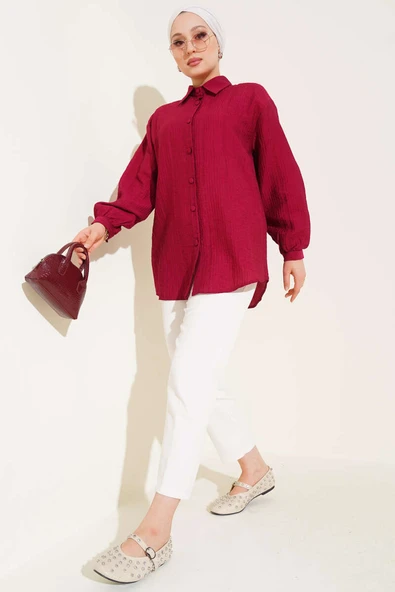 Manşet Düğmeli Krinkıl Gömlek Bordo - Resim 2
