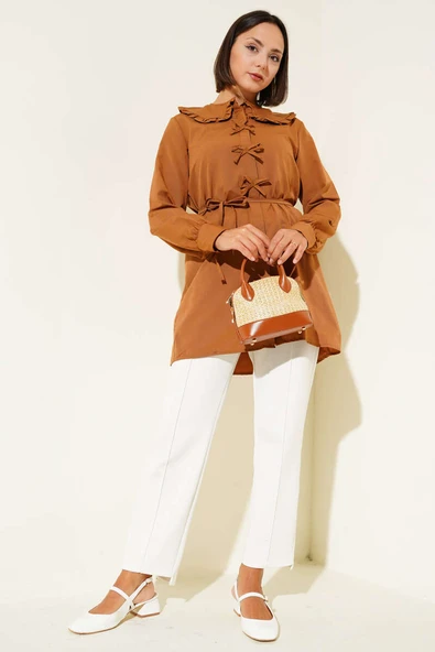 Yaka Fırfırlı Fiyonklu Tunik Taba - Resim 2