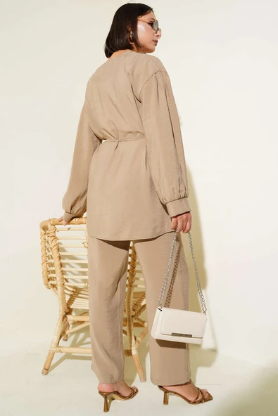 Bebe Yaka İp Kuşaklı İkili Takım Vizon - Resim 3