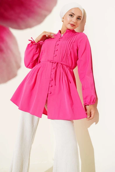 Brit Düğmeli Nervürlü Tunik Pers Gülü ürün görseli