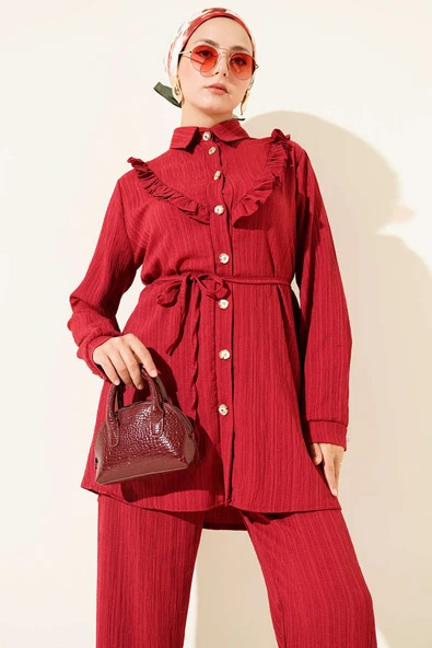 Gold Düğmeli V Fırfırlı İkili Takım Bordo - Resim 2