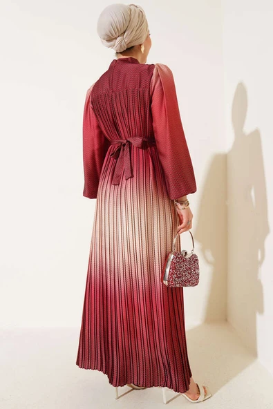 Zikzak Desenli Piliseli Abiye Elbise Kiremit - Resim 3