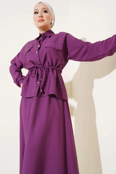 Bel Tünelli Cep Kapaklı Etekli İkili Takım Mor - Resim 2