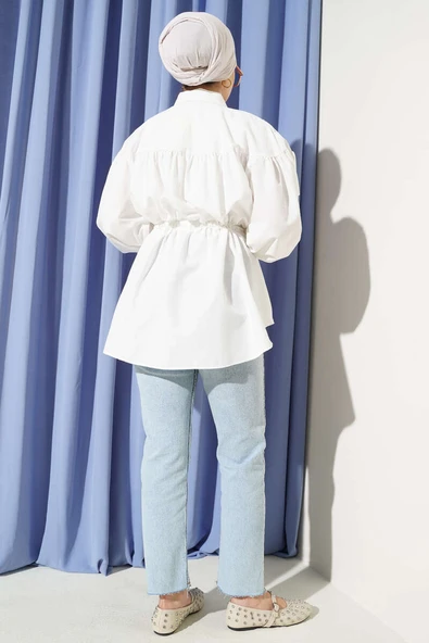 Bel Tünelli Büzgü Detaylı Gömlek Beyaz - Resim 3