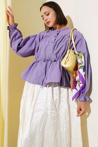 Bel Tünelli Pileli Kısa Gömlek Lila ürün görseli 1