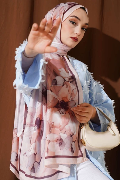 Ebruli Çiçek Şerit Geçişli Şal Somon ürün görseli 1