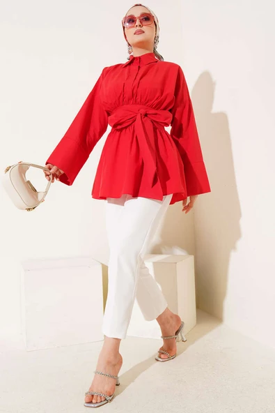 Kendinden Kuşaklı Önü Büzgülü Tunik Kırmızı - Resim 2