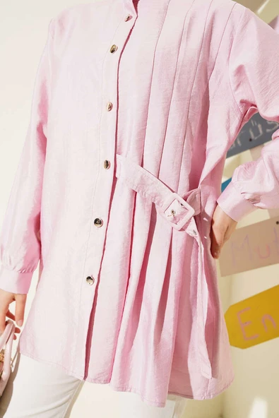 Pileli Tokalı Gömlek Pudra - Resim 4