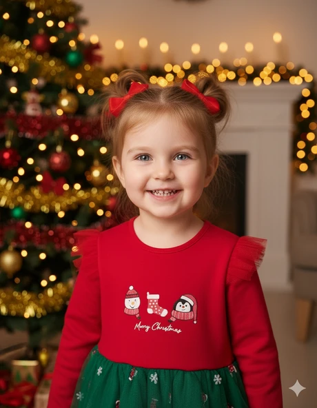 Kız Bebek Snowman And Penguın Desenli Tüllü Yılbaşı Elbisesi NBK-24915 - 2