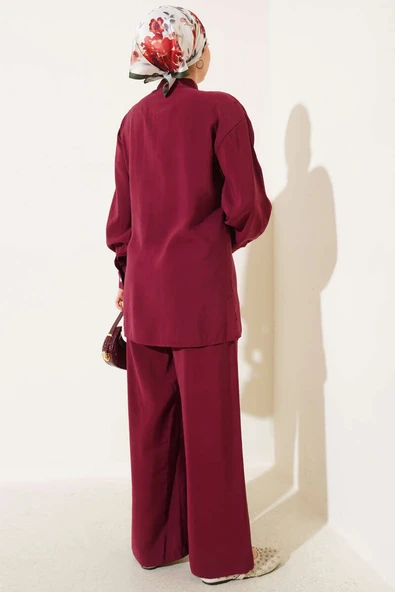 Yan Kemerli Düğmeli İkili Takım Bordo - Resim 3