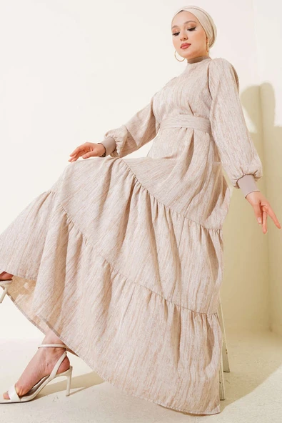 Yaka Ve Kol Ribanalı Elbise Bej - Resim 2