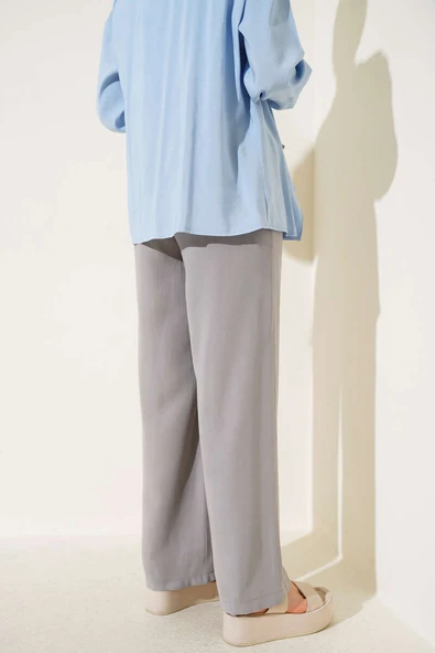 Bel Lastikli Tencel Pantolon Gri - Resim 3