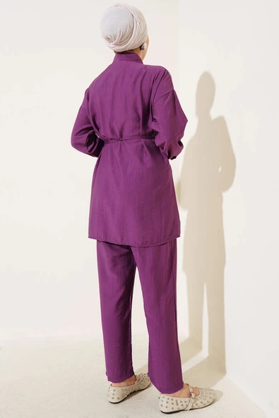 Eteği Fırfırlı İp Kuşaklı İkili Takım Magenta - Resim 3