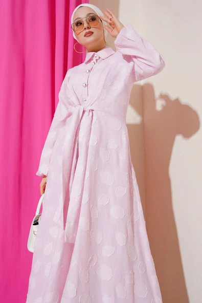 Benekli Yarım Düğmeli Elbise Pembe - Resim 2