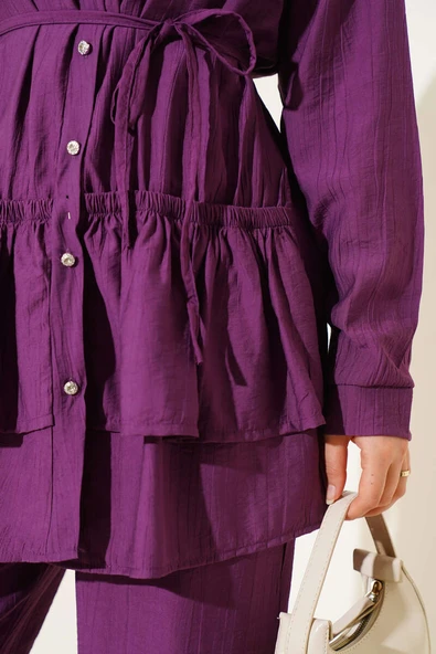 Eteği Fırfırlı İp Kuşaklı İkili Takım Magenta - Resim 4