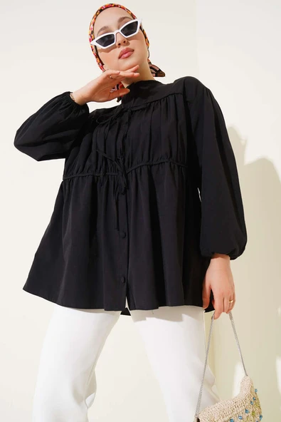 Fiyonklu Büzgülü Gömlek Siyah ürün görseli 1