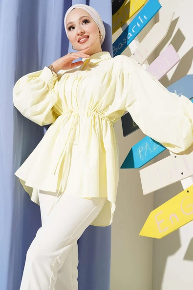 Bel Tünelli Büzgü Detaylı Gömlek Sarı ürün görseli 1