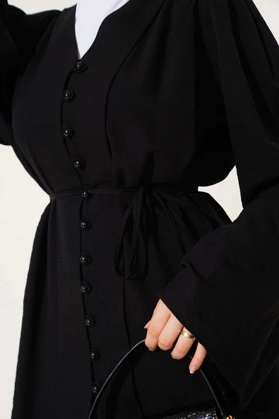 İp Kuşaklı Brit Düğmeli İkili Takım Siyah - Resim 4